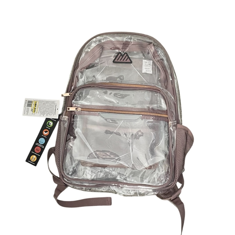 Summit Ridge Clear Backpack features rose-colored straps and trim. 